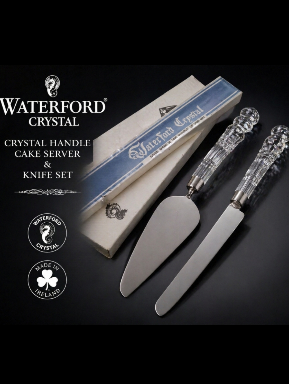 Vintage Waterford Crystal Clear-Handle Cake Server and Knife Set